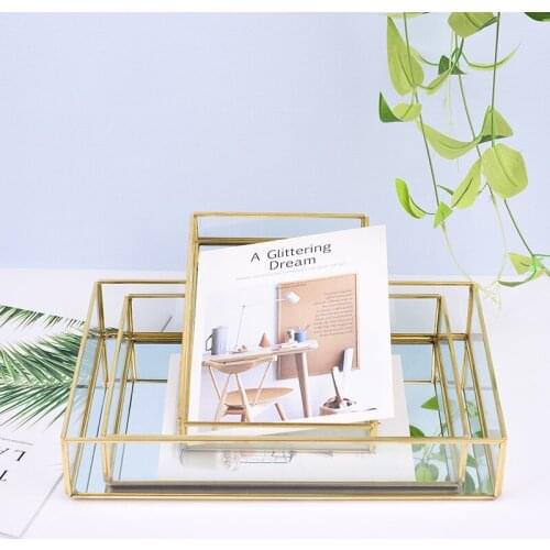 Nordic Retro Storage Tray Gold Rectangle Glass Makeup Organizer Tray Dessert Plate Jewelry Display Home Kitchen Decor WF1015