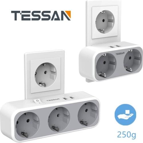 TESSAN Multi Socket EU Plug Extension Power Strip 3 Outlets with 2 USB Ports Portable Wall Charger Power Adapter for Home Travel