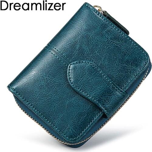 Bifold Oil Wax Genuine Leather Women Mini Clutch Wallet Soild Color Coin Pocket Purse Women Leather Card Holder Wallet Bag