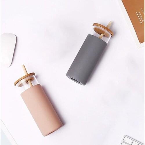 24Oz Glass Tumbler Portable Glass Water Bottle Straw Silicone Protective Sleeve Bamboo Lid