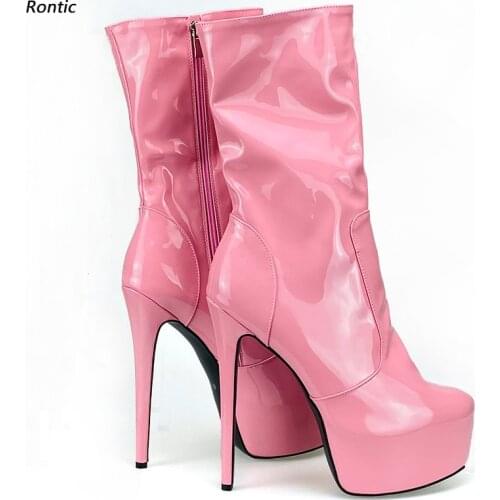 Rontic Hot Women Winter Platform Mid Calf Boots Unisex Side Zipper Stiletto Heels Round Toe Gorgeous Pink Club Shoes Size 35-52