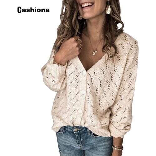 2020 Kintted Woman Sweaters V Neck Casual Long Sleeve Autumn New Fashion Eyelet Print Tops Streetwear Women Cardigan Sweaters