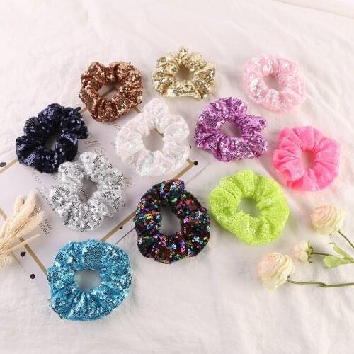 Girl 1 PC Solid Colors Sequins Elastic Hair Bands Glitters Hair Scrunchies in Large Size Shinny Bling Hair Accessories Headband