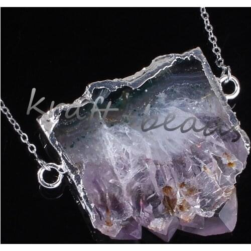 100-Unique 1 Pcs Silver Plated Pendant Purple Quartz Cluster Double Buckle Natural Pendant Necklace Link Chain