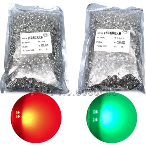 1000pcs/bag LED lamp beads F5 straw hat big core emerald green/red 4.8mm highlight large chip 5mm straw hat 0.2W super bright