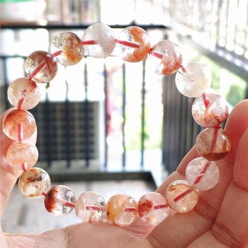 11.5mm Genuine Natural Orange White Sericite Phantom Clear Round Beads Bracelet Crystal Garden Snow Phantom Women Men AAAAA