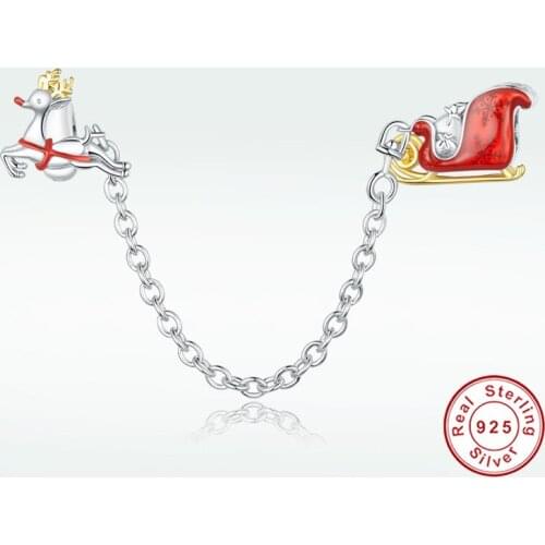 Fit silver bracelet genuine 925 sterling silver Christmas gift car safety chain enamel beads for women jewelry accessories DIY