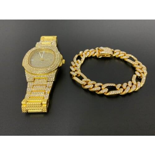 Miami Cuban Chain Iced Out Paved Rhinestones CZ Bling Rapper Necklaces Chains For Men Jewelry Hip Hop Bracelet +Watch 1 Set