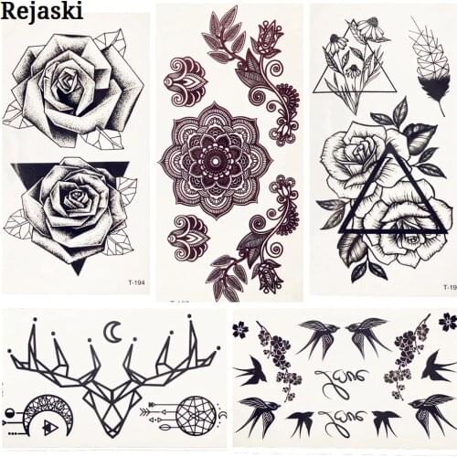 Black Triangle Rose Flower Fake Temporary Tattoo Sticker Women Girl Body Hands Ear Art Tattoo Children Waterproof Tatto 3D Kids