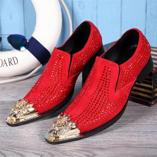 Christia Bella British Style Man Nightclub Dress Shoes Rhinestone Red Suede Leather Mens Bullock Carved Pointed Toe Party Shoes