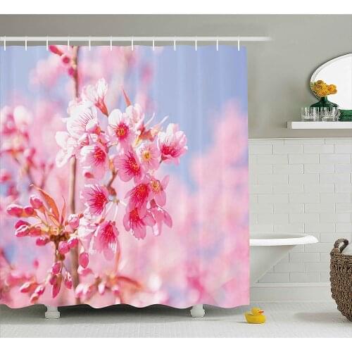 Floral Shower Curtain Sakura Blossom Branches Flower Essence Fragrance Nature Elegance Picture Fabric Bathroom Decor Set