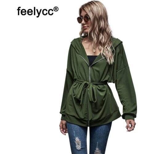Feelycc Safari Style Belted Zipper Jacket Coat Women Army Green Autumn Hooded Long Sleeve Casual Ladies Coat Outerwear