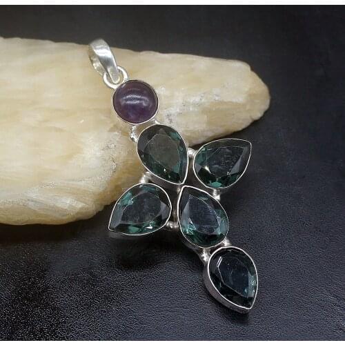 Gemstonefactory Jewelry Big Promotion 925 Silver Rare Green Topaz Purple Quartz Women Ladies Gifts Necklace Pendant 1227