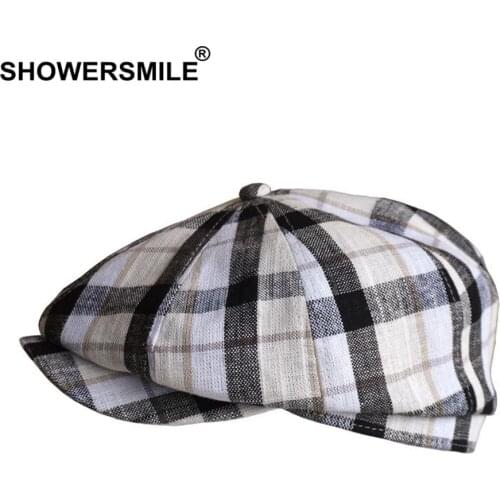 SHOWERSMILE Plaid Cap Men Newsboy Hat Checked Linen Newsboy Cap Summer Classic British Male Ivy Gatsby Hat Octagonal Flat Cap