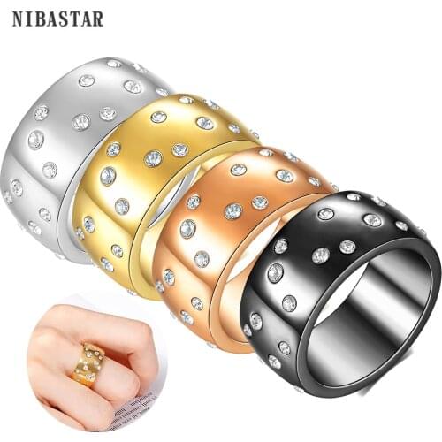 NIBASTAR Inlaid With Shiny Crystal Width Ring For Woman Stainless Steel Fashion Simple Individuation Shining Ring Party Jewelry