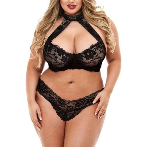 Plus Size Lace Transparent Underwear Set Women Sexy Lingerie Halter Sexy Bra Set Lenceria Sensual Mujer Sexi Exotic Costumes