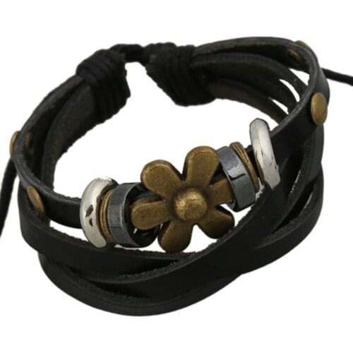 Fashion Retro Flower Black Leather Bracelet Multilayer Vintage Beads Charm Wrap Bangle Adjustable Wristbands Hiphop Jewelry Gift