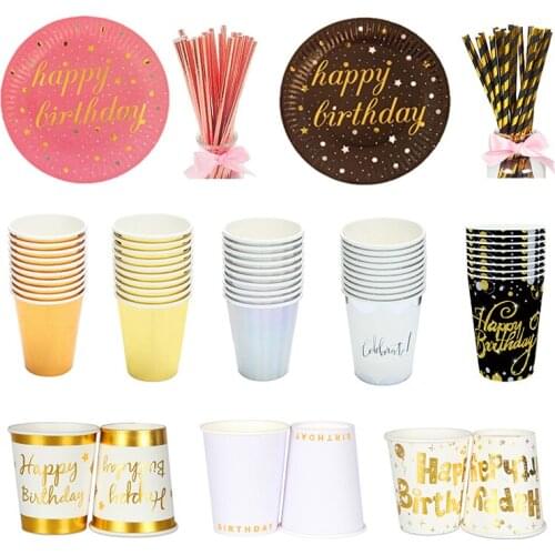 10pcs Disposable tableware set disposable paper plate straw cup gold black red for wedding birthday decoration party supplies