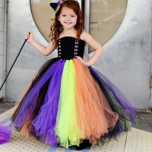 Handmade New Girls Witch Halloween Tutu Dress Kids Baby Princess Tulle Dress Children Festival Birthday Costume TS090