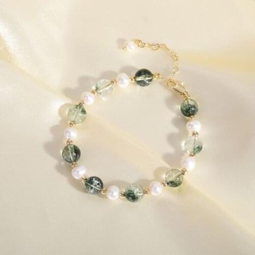 Simple Style Natural Freshwater Pearls Green Ghost Crystal Beads Strand Bracelets for Women Female Lucky Fashion Jewelry YBR298