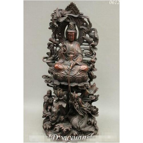 YM 306 18" China Buddha Bronze Boy Dragon Phoenix Kwan-yin Guan Yin Bodhisattva Statue