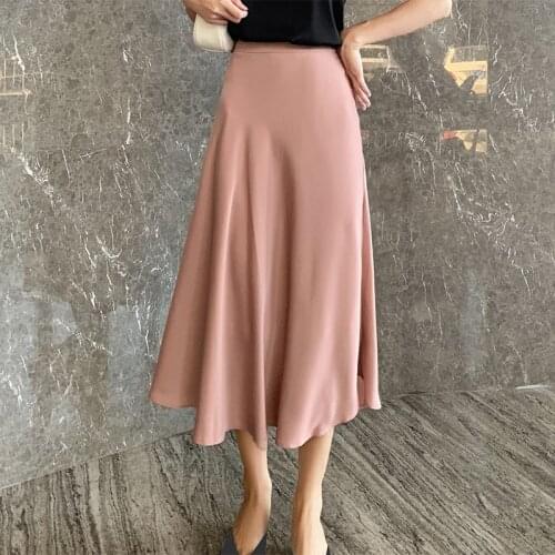New Popular Satin A-line Women Skirt Medium Long Big Bottom Summer Silky Skirts