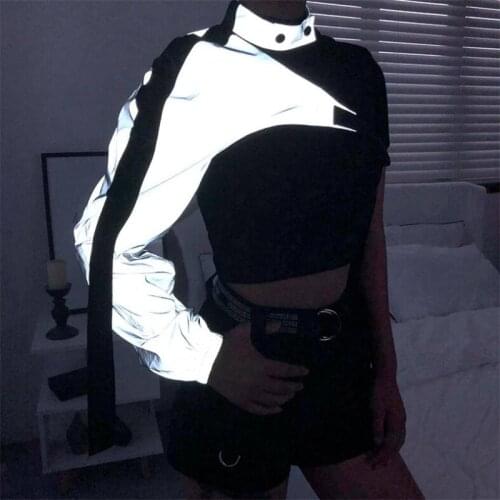 Casual Neon Green Reflective T Shirt Women Tshirt Harajuku One Shoulder Off Gothic Top Hip Hop Streetwear Tee Shirt Femme Fall