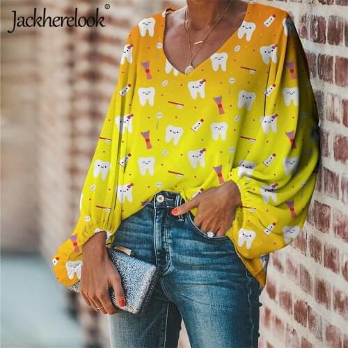 Jackherelook Plus Size Dental Top Chiffon Shirts Funny Teeth/Dentist Fairy Brand Designer Large Size Woman Clohing Blusas Mujer