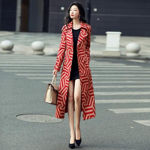 Women 2021 Spring Autumn Trench Coat Long Red Stripe Printed Elegant Temperament Slim Windbreaker Jacket Lapel Womens Coat