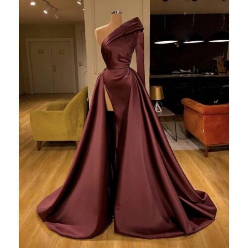 SoAyle Burgundy Mermaid Evening Dress Long Vestido de festa Sexy Split Side One Shoulder Prom Gowns for Women