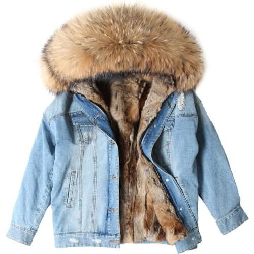 2020MMK Winter warm denim jacket, large fur collar made of real fox fur, loose, stylish, warm and detachable lini rabbit fur jac