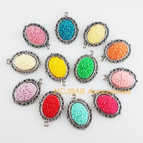 12 New Flower Charms Tibetan Silver Tone Retro Mixed Oval Resin Pendants 16.5x23mm