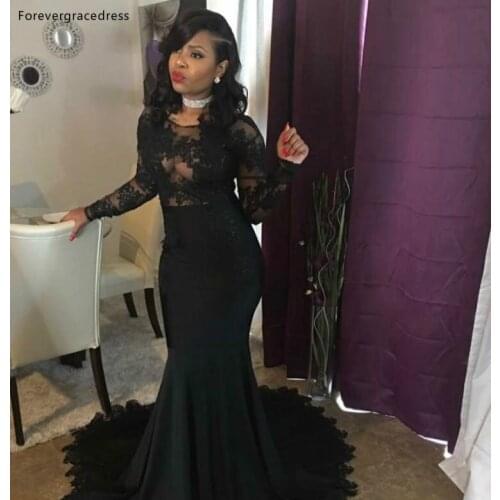 2019 Black Prom Dress Dubai Arabic Mermaid Lace Long Sleeves Formal Holidays Wear Graduation Evening Party Gown Plus Size