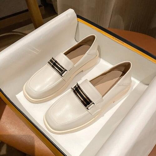 Women Flats Shoes Low Heel Ballet Square Toe Shallow Buckle Brand White Shoes Slip on Loafer Big Size