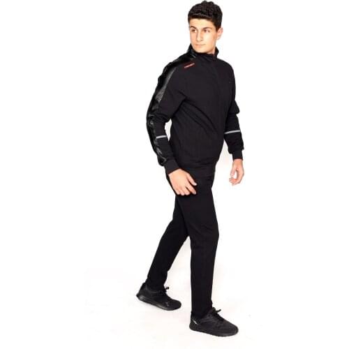 Black Tracksuit Set Arm Leather Garnished 4 Season Wearable