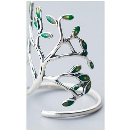 MloveAcc 925 Sterling Silver Drop Glaze Leaves Open Rings for Women Handmade Prevent Allergy Sterling-silver-jewelry Ring