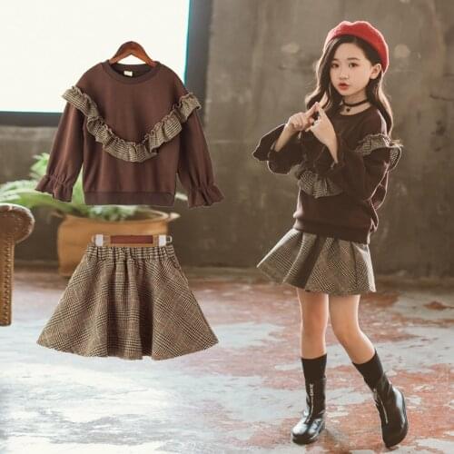 Girls Skirts Set Spring Fall Childrens Fashion Clothes 2 Pcs Korean Kids Ruffles Spliced Long Sleeve Tops + Pleated Skirt B102