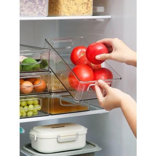 PET Refrigerator Storage Box With Handles Stackable Plastic Food Bins Organizer Transparent Kitchen Rectangular Storage Cabinets