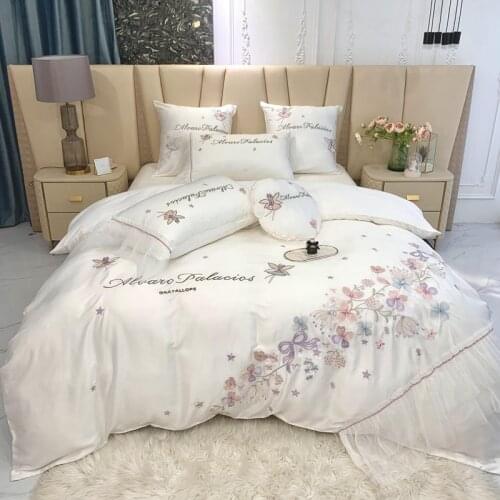 Korean White Floral Embroidery Lace Princess Bedding Set Luxury Egyptian Cotton Duvet Cover Bed Sheet Bedspread Pillowcases