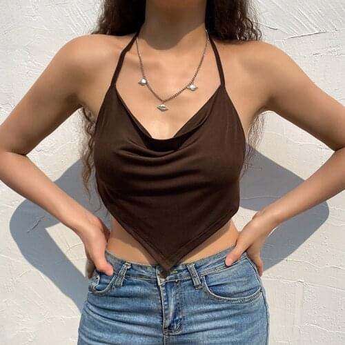 Backless Halter Crop Top Brown Solid Summer Camis Lace Up Party Club Corsets Women Tops Strapless Casual Basic Vintage Tees