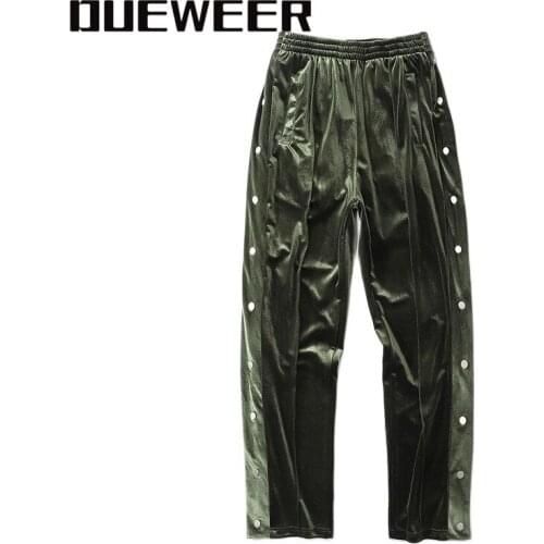 Dueweer Army Green Golden Velvet Mens Urban Hip Hop Streetwear Velour Joggers Sweatpants Side Buttons Split Pants 2021