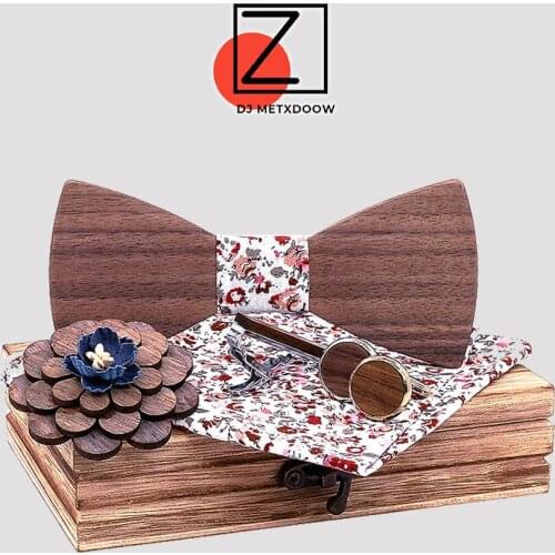 New 2019 Gravata Wooden Bow Tie Handkerchief Cufflinks Tie bar Set Mens Wood Pocket Square Wood Box Fashion Ties for Men