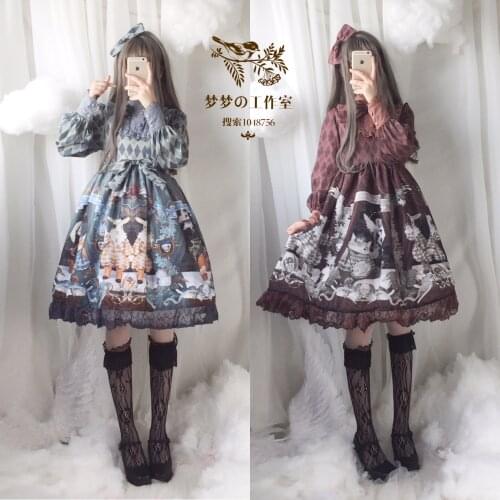 Japanese Style New Spring and Autumn Soft Girl Deformed Show Dark Gothic Retro Long Sleeve Printed Lolita Op Dress