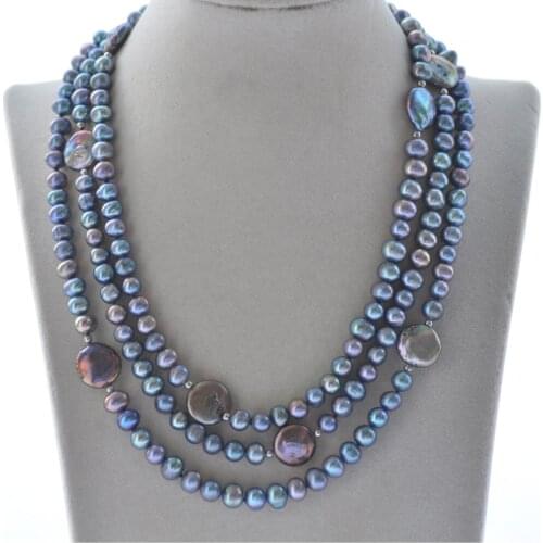 MCT·STAR Z10570 45" 14mm Black Coin Round Freshwater Pearl Necklace