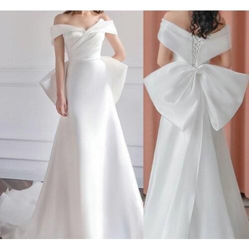 Mermaid Sweep Train Satin Wedding Dress 2021 Elegant Bow Back Off-Shoulder Lace-Up Bridal Gowns vestidos de mairee Wedding