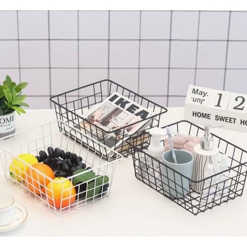 Rectangle Metal Storage Basket Office Books Sundries Finishing Iron Baskets Kitchen Fruit Organizer Basket Bathroom Holder Rack