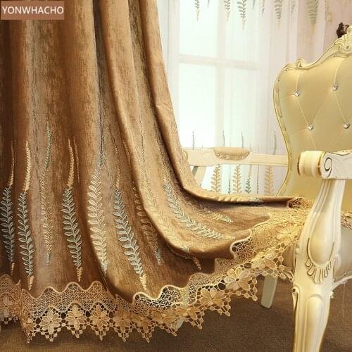 Custom curtains luxury noble high quality coffee embroidery velvet thick cloth blackout curtain tulle drape B708