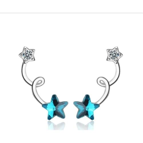 Blue five-pointed star temperament creative personality spiral small fresh artificial crystal silver plated earrings WE010