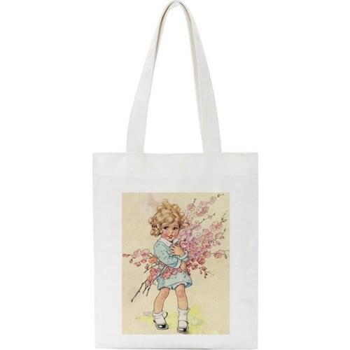 Retro Literary Cute Angel Shoulder Bag Animated Characters Printed Canvas Shopper Reusable Handbags Shoulder Bags Collapsible