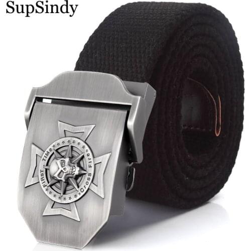 SupSindy mens Canvas belt Skull Cross metal buckle military belt Army tactical belts for men top quality male strap Army green